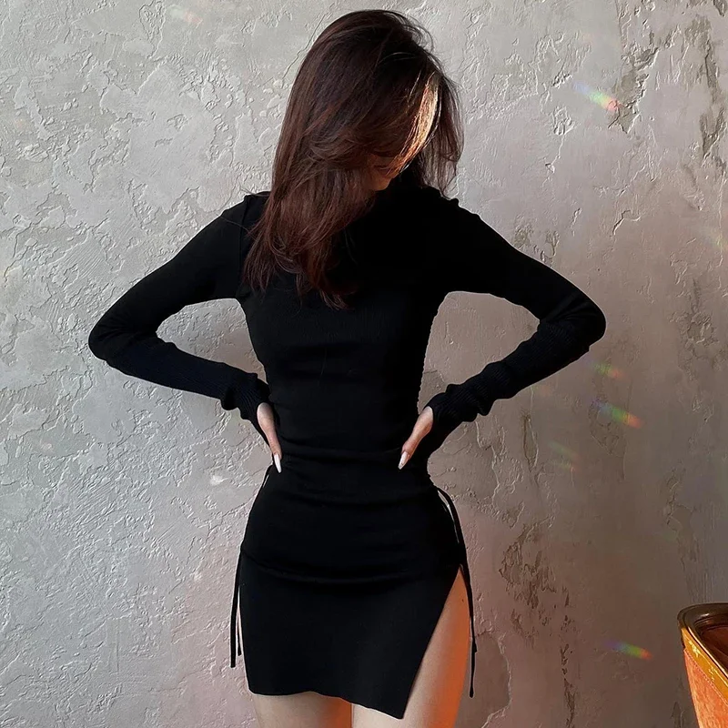 

Helisopus Women's Dress Solid Round Neck Pullover Long Sleeve Lace Up Split Dress Sexy Black Slim Wrap Hip Bodysuit Party Dress