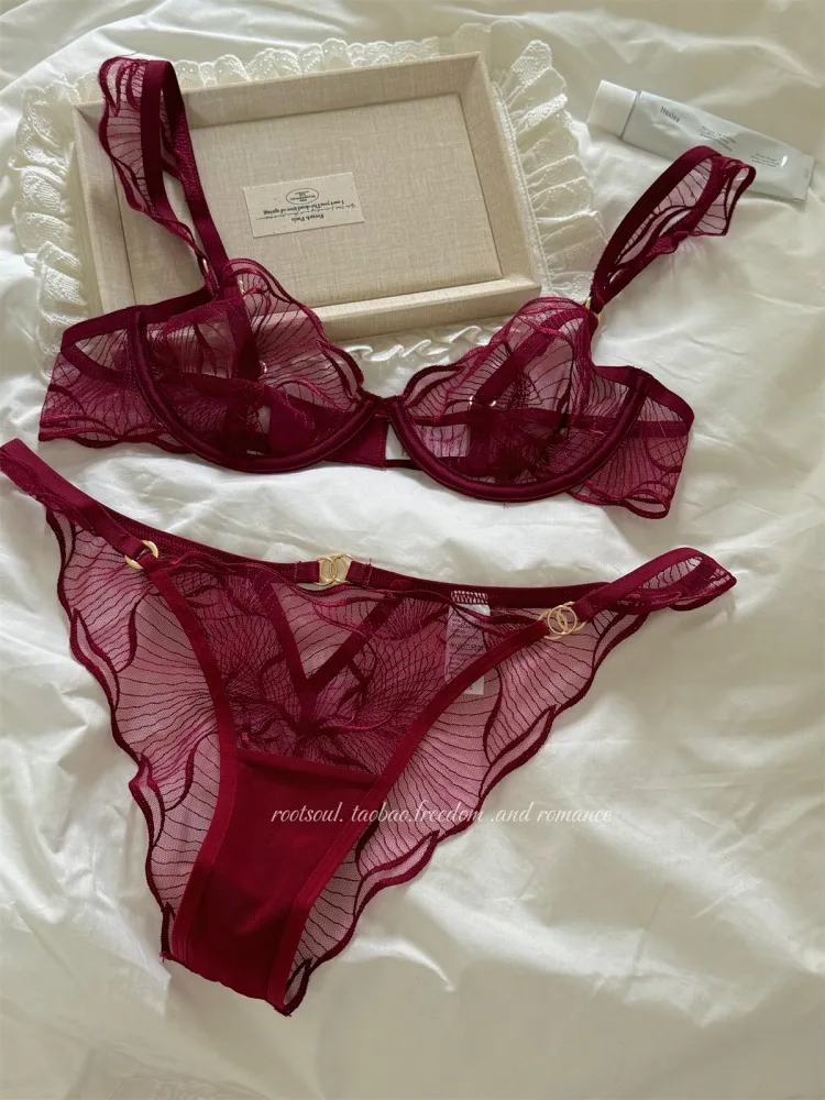 Ensemble de soutien-gorge en dentelle brodée de fleurs françaises, Sexy, pur désir, Ultra fin, Push-Up, sans fil, confortable, Niche romantique, Bralette, S-XL ​ ​   MOYISU