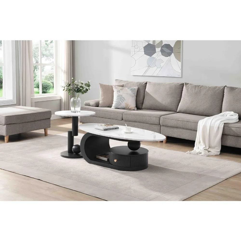 2-Piece Modern Oval Decorative Coffee Table with White Faux Marble Top and Black Metal Base and 1 Drawer, Coffee Table 5
