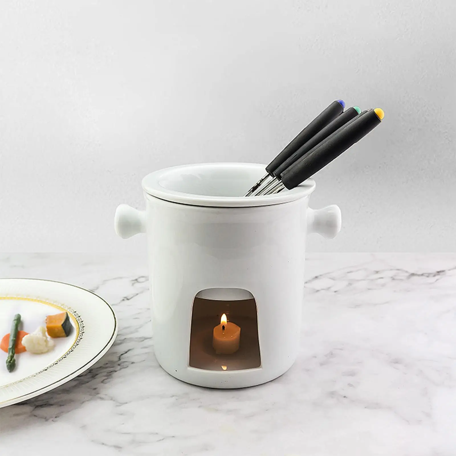 Fondue Set Serving Fondue Set Engagement with 4 Forks Party Snack Cheese Pot Porcelain Melting Pot for Broth Dessert