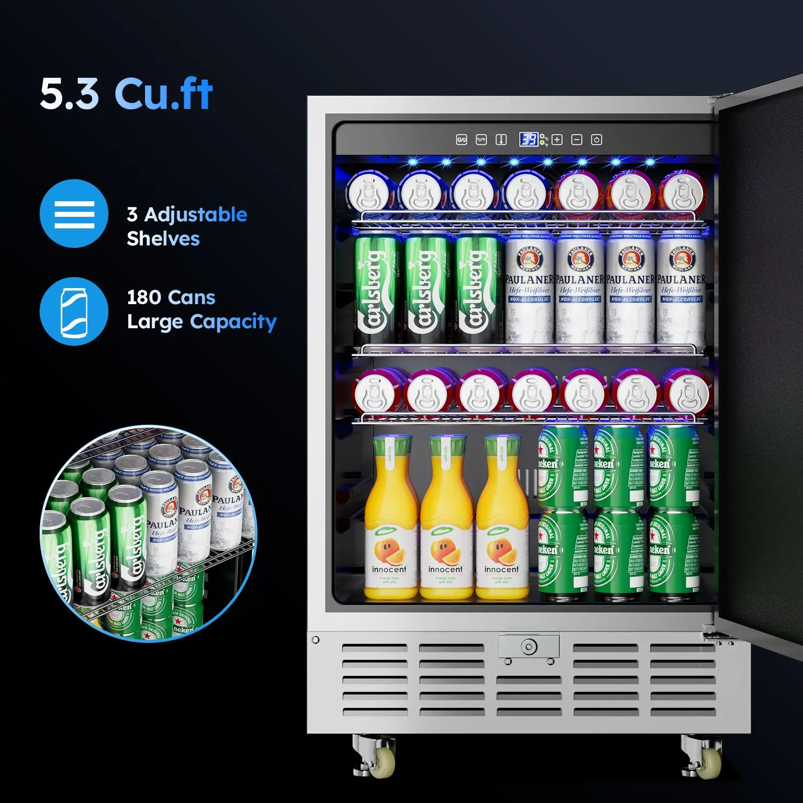 24 Inch Beverage Refrigerator Weather Proof Stainless Steel Beverage Fridge Beverage Cooler for 180 Cans, Built-in/Freestanding 2