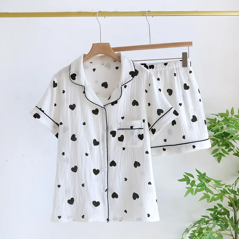 2024 New Summer Women's Pajama Set 100% Cotton Crepe Short Sleeves Shorts Two Piece Set Love Lovely Sweet Home Fury Thin Ladies