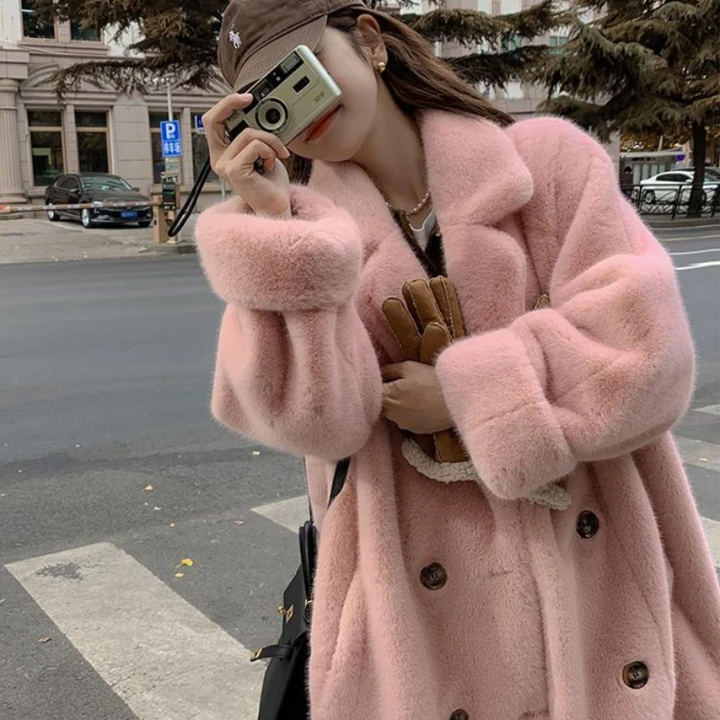 2023 Autumn Winter New Long Loose Thick Suit Collar Long Style Temperament New Environmental Fur Imitation Mink Coat Woman