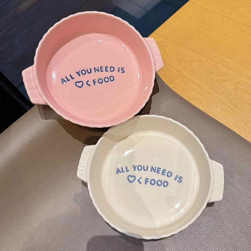 Cute Pink Binaural Ceramic Baking Tray Letter Printed Baked Rice Bowl Home Oven Tableware Bread Tray