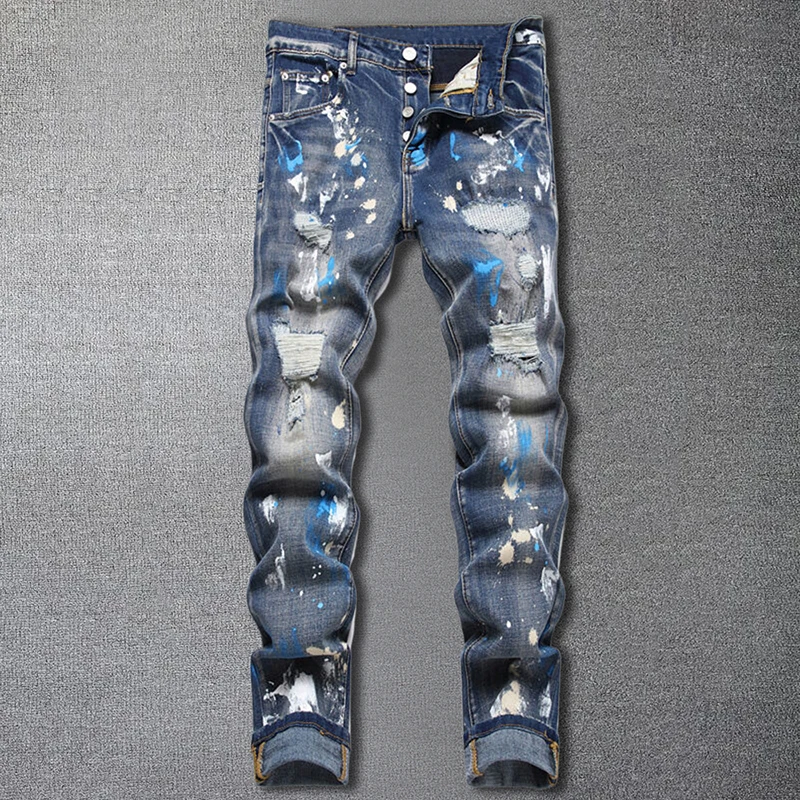 

Men's New Blue Splash Ink Jeans Hole Patch Paint Small Foot Ripped Jean Elastic Slim Fit Denim Motorcycle Pants Men Jeans Hombre