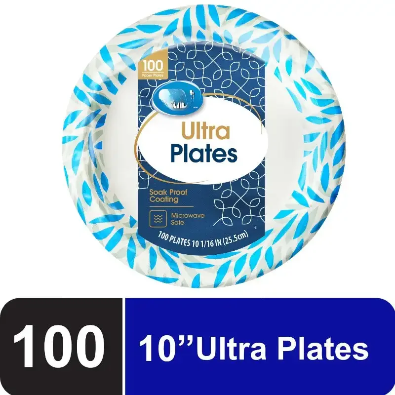 Disposable Paper Dinner Plates, White, 10 inch, 100 Plates, Patterned