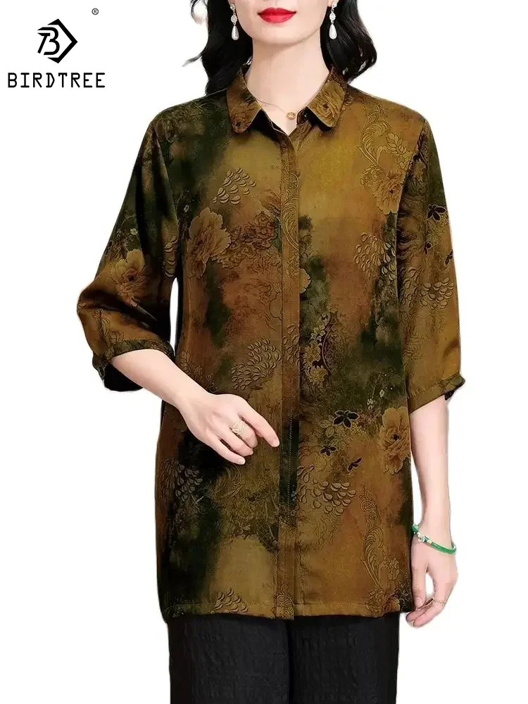 

BirdTree 100%Mulberry Silk Shirt for Women, Watered Gauze Floral Print Loose, Retro OL Blouses, 2024 Spring New Tops T42332QM