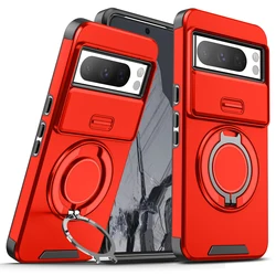 Shockproof Hybrid Dual Layer Magnetic Ring Stand Case with Slide Camera Lens Protection for Pixel 9 Pro (Red)