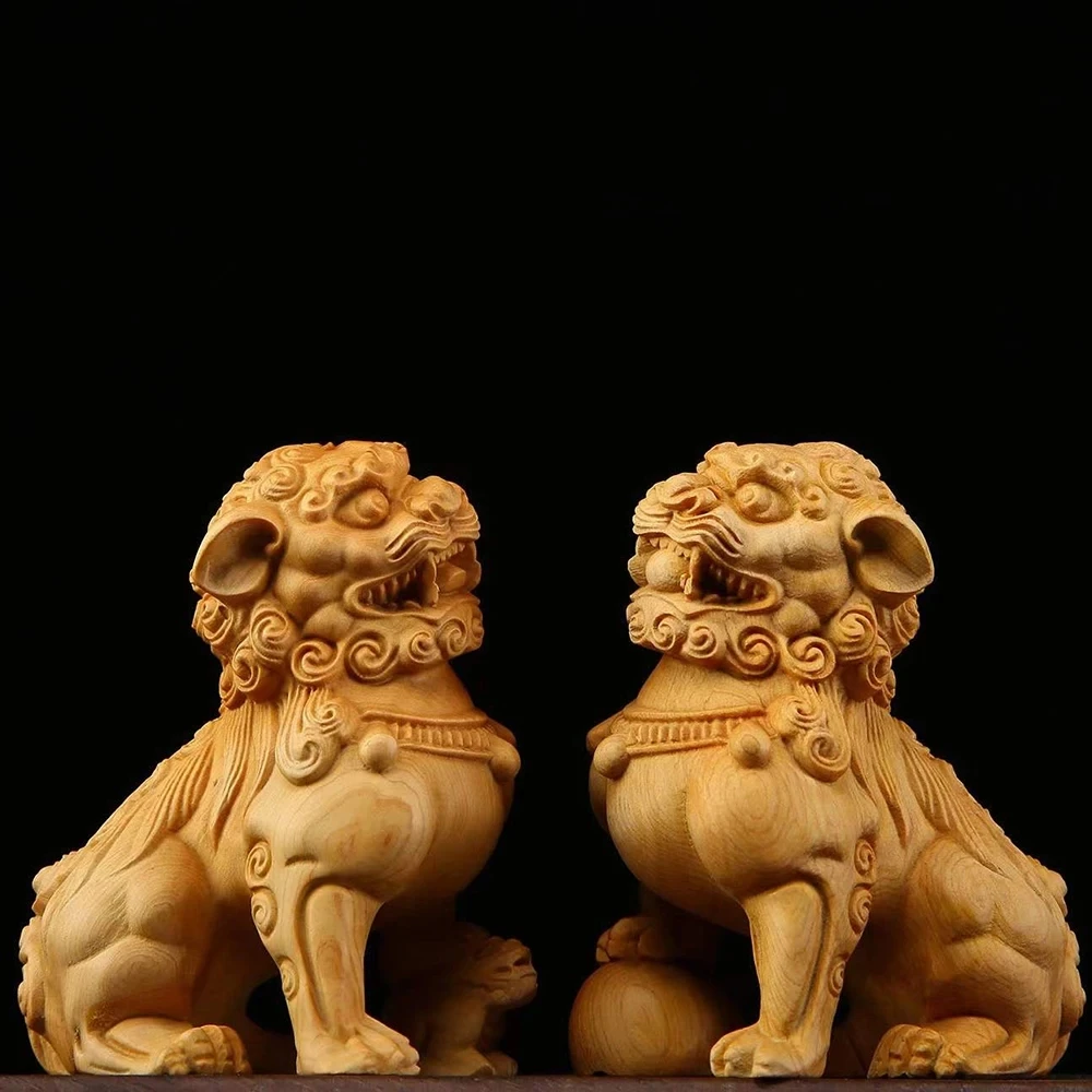 

Boxwood 8.5cm Town House Lion Real Wood Office Decoration Homo Decor Traditional Chinese Historical Statue Animal Sculpture