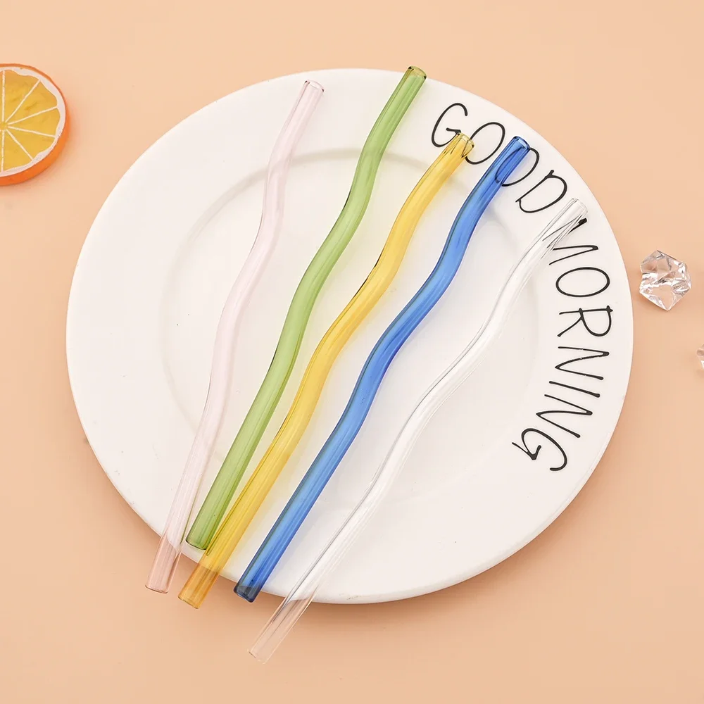 10Pcs Glass Straws Reusable Wavy 7.8 In*8mm Transparent Eco-friendly with 2 Cleaning Brush drinking straws glass straw set