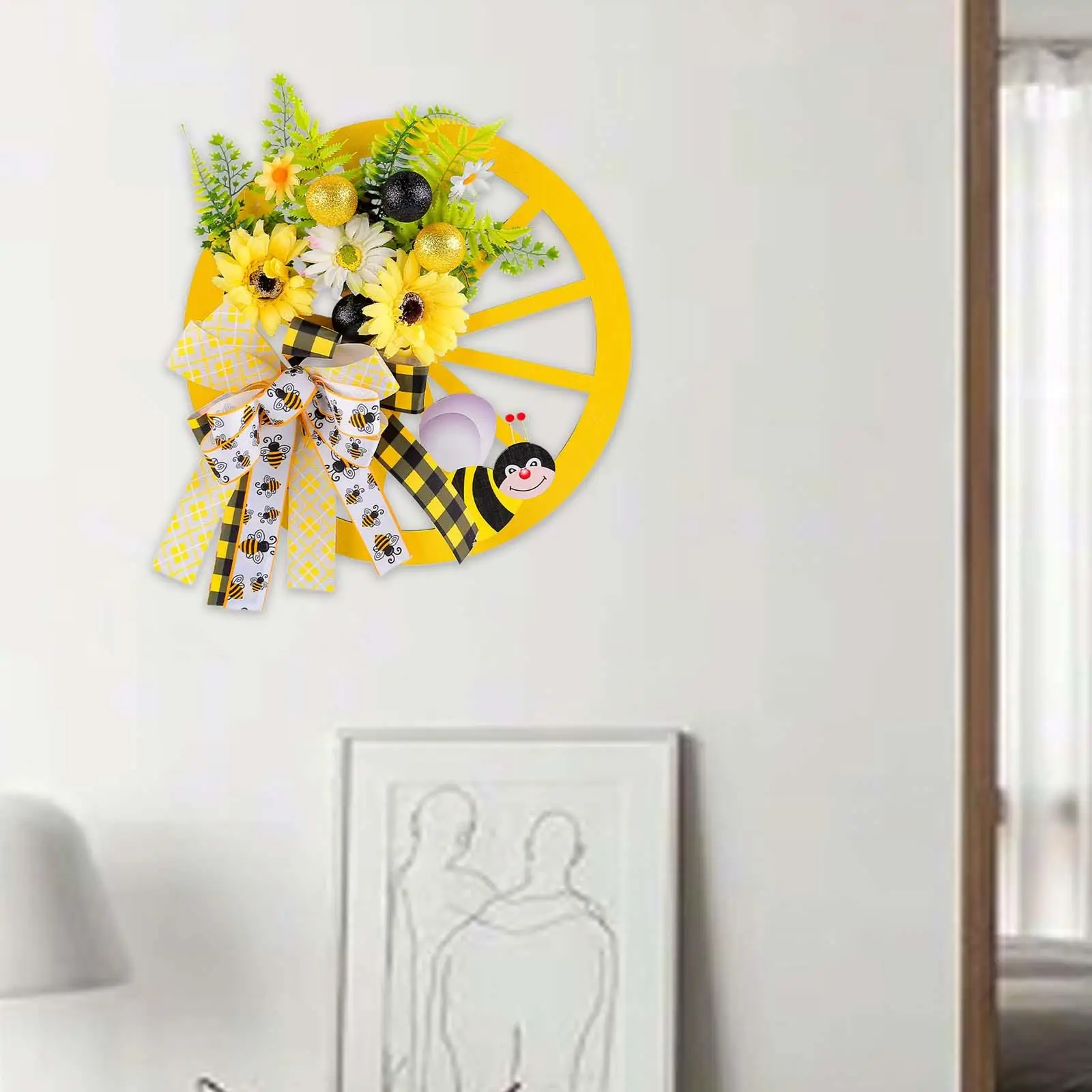 

Семейная входная дверь, деревянный венок, знак, внешняя зелень, листья, стена, искусственные цветы, пчелиный бант для помещений и улицы