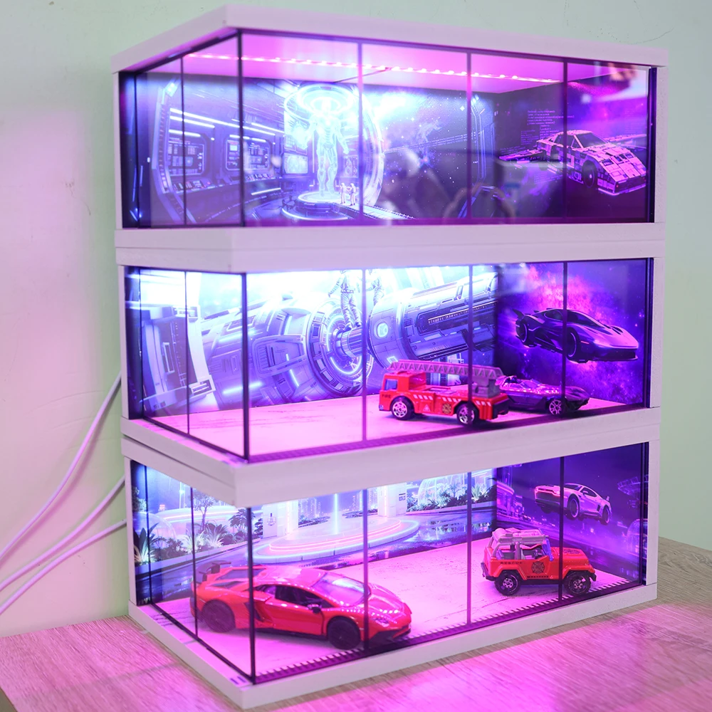 1/64 디오라마 자동차 주차장 모형 LED 조명 빈티지 붉은 벽돌 자동차 차고 전시 장면 미니어처 모형 장난감 박스