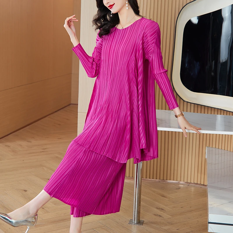 2024 Summer New Printed Corn Fold Long Sleeve T-Shirt+Fashion High Waist Pleated Skirt Women's Vintage Set Two-Piece