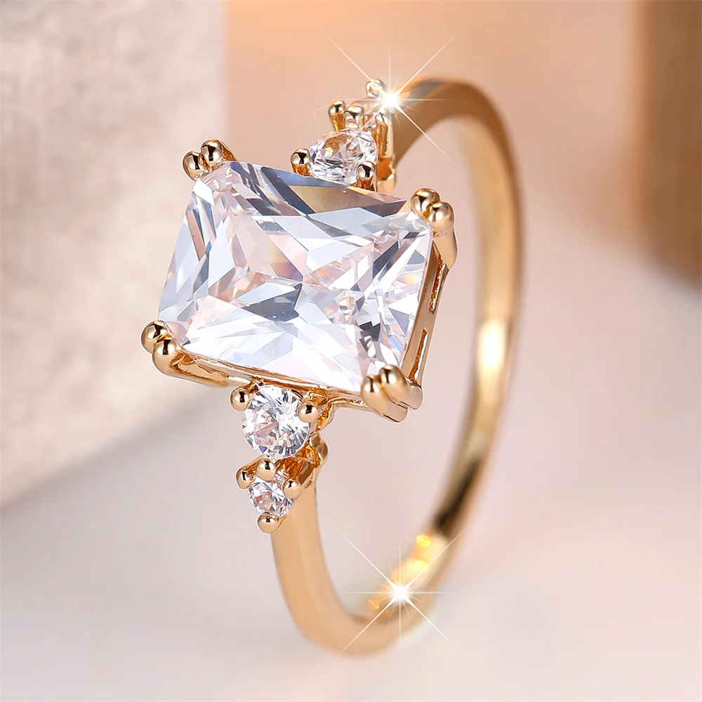 Minimalist White Zircon Rectangle Stone Rings For Women Fashion Gold Color Engagement Bands Wedding Jewelry Bridal Birthday Gift
