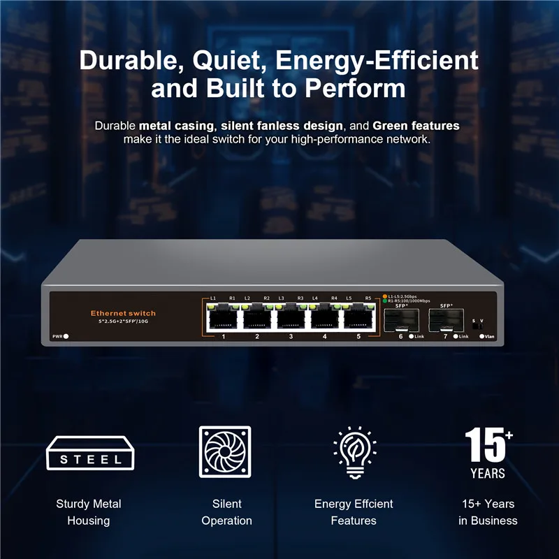 5+2 Ports 2.5G Ethernet Network Switch None POE Switch with 2*10G SFP+ Port for IP Camera/CCTV Security