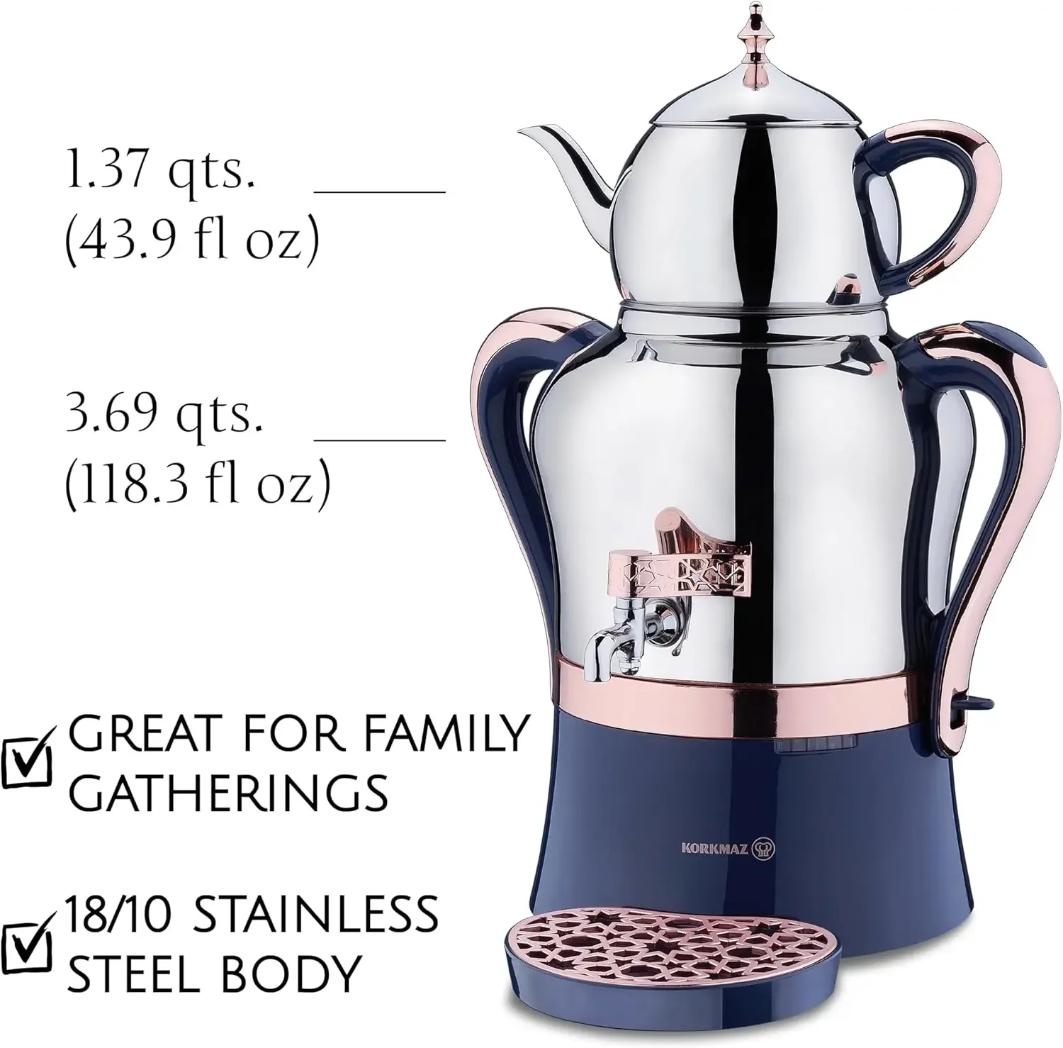 Korkmaz Tea Maker Set | Stainless Steel Samovar, Electric Teapot Set for Gift, Housewarming, Family Gathering | Inox-Rose Gold, 2