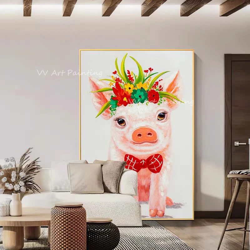 

100% hand-made pig pink cute knife thick oil canvas painting abstract sitting room dining-room wall no framework