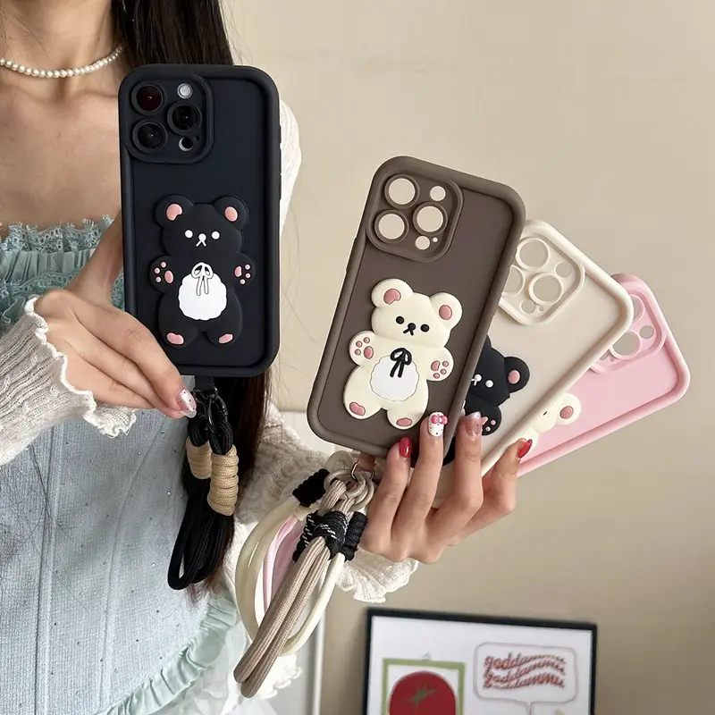 Adorable Bear Lanyard Phone Case with Soft Rope Cover