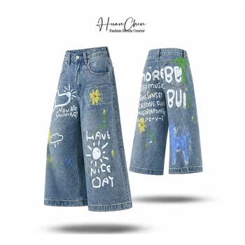 Pantalon en jean pour femme, coupe large, capri, patchwork imprimé, taille haute, style rétro, baggy, short, été, plage, vacances