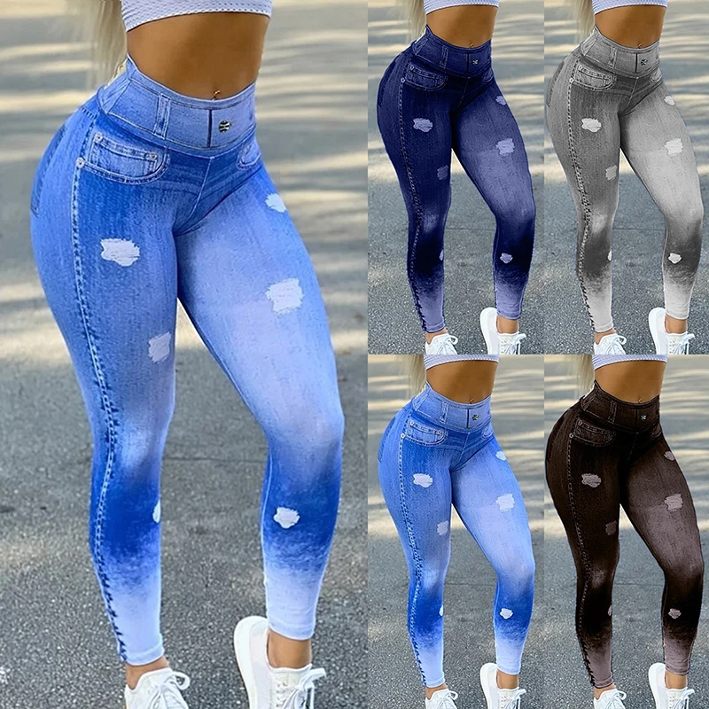 viianles high waist pencil pants elastic trousers fashion jeggings push up fitness slim women leggings faux denim jeans seamless Fashion High Waist Faux Denim Jean Leggings Slim Elastic Seamless Skinny Pencil Pant Female Workout Running Leggings Dropship