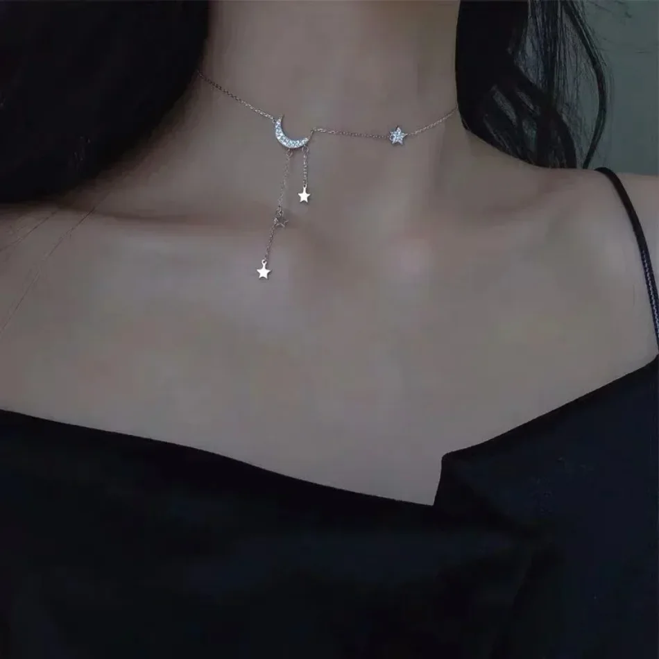 Fashion Design Ladies Necklace New Style Star Moon Tassel Pendant Rhinestones Clavicle Chain Choker Collares Wedding Jewelry
