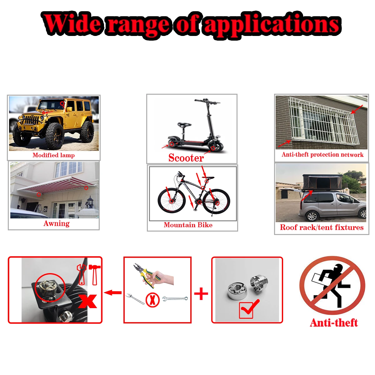 M6 M8 M10 Nut Enhanced Hidden Security Anti Theft Screws Nuts 304Stainless Steel Mountain Bike Awning Car Accessories LED Lights