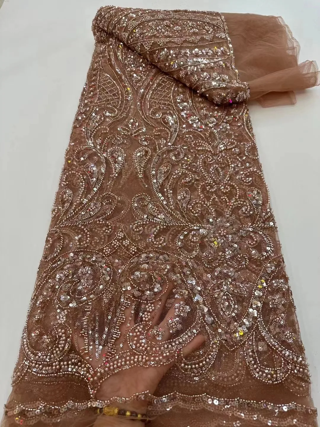 

High-end Heavy Beaded Sequin Fabrics Embroidered in Tulle for Wedding Evening Dress White Lace Fabric Nigerian Fabric 5yrds Sew