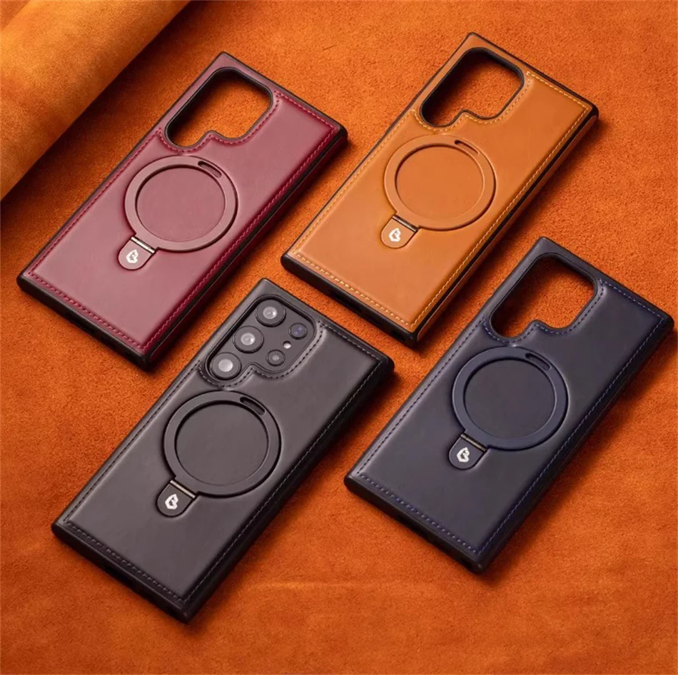 Magnetic Leather Phone Case with Ring Stand and Magsafe Wireless Charging Cover