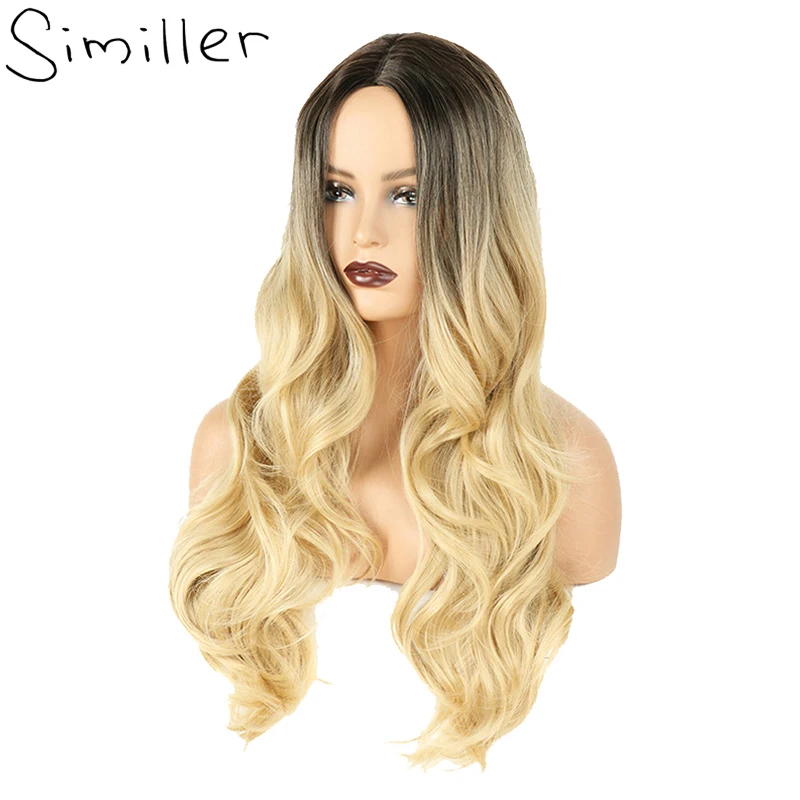 

Similler Women Synthetic Wigs Long Wavy Hair Heat Resistance Dark Root Ombre Wig for Daily Use Ash Blonde Brown Middle Part