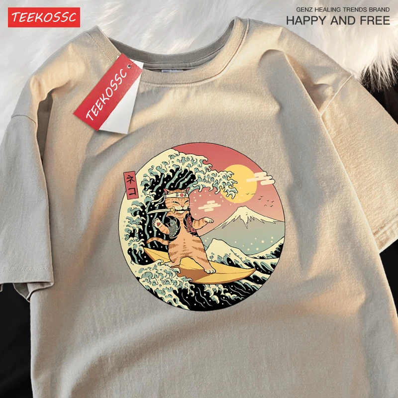 Japanese Harajuku Surfing Cat Print Tshirts Men Women Creativity O-Neck T Shirts Cotton Summer Tops Cartoon Loose Street Clothes
