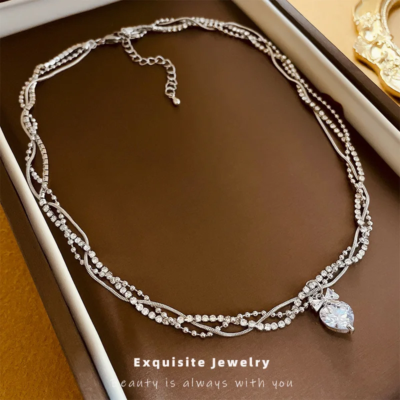 

Multi-Layer Zircon Bow Heart Shape with Necklace European and American Clavicle Chain Necklace Women