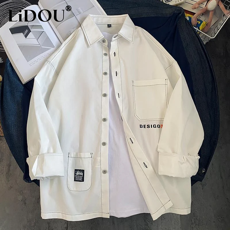 

Spring Long Sleeve Shirt Man Thin Style Japanese Style Turn-down Collar Single Breasted Cardigan Fashion Asymmetrical Streetwear