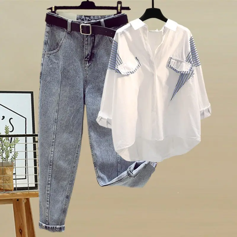 Large Women's Spring/Summer Set 2023 New Long Sleeve Shirt Top Women's Slim Versatile Jeans Two Piece Set