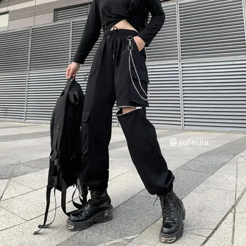 New Gothique Cargo Pants Women Punk Chain Gothic Harajuku Black Trousers Korean Fashion High Waist Sweatpants Female