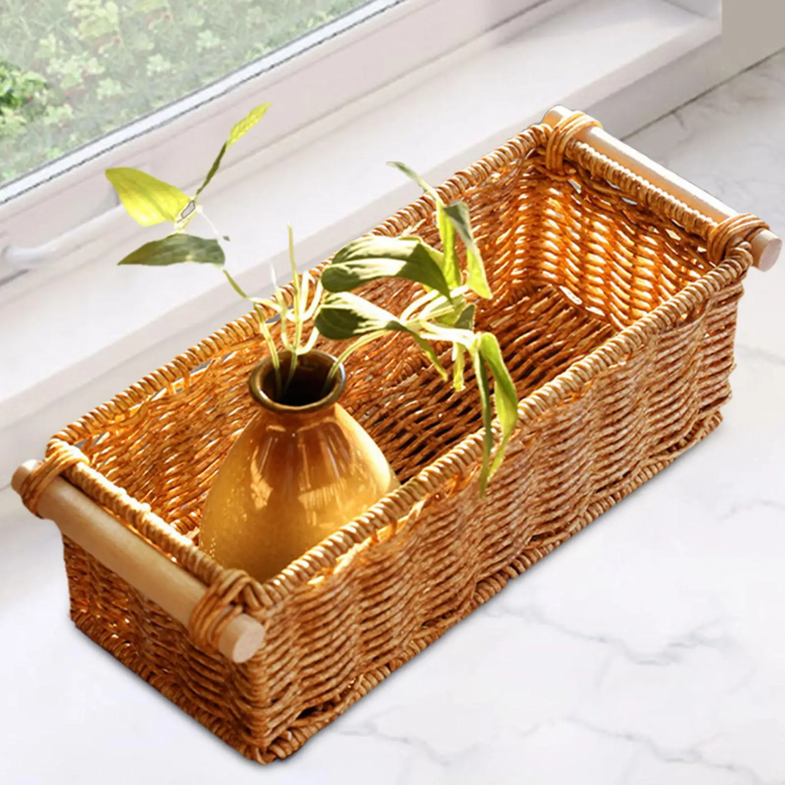 Imitation Rattan Storage Basket Perfume Tray For Organizing Rectangular Vintage For Home Coffee Table Bar Bathroom Kitchen_voghion.com