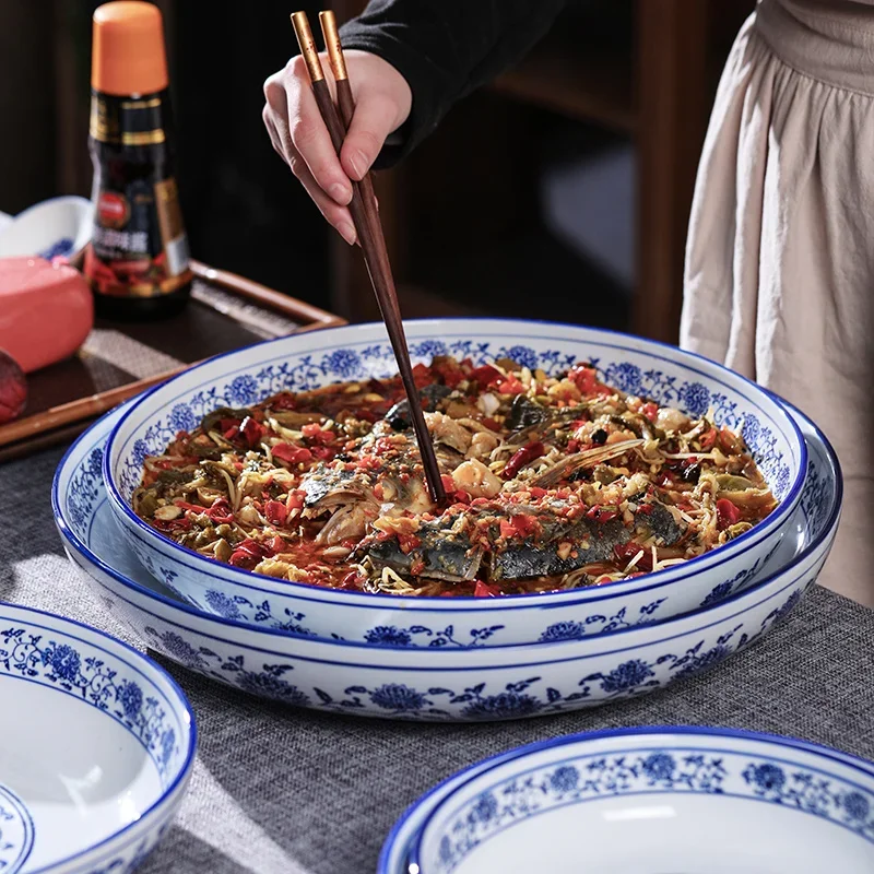 Commercial Blue and White Porcelain Plate Super Large for Chopped Pepper Fish Head Chinese Cabbage Fish Large Dish