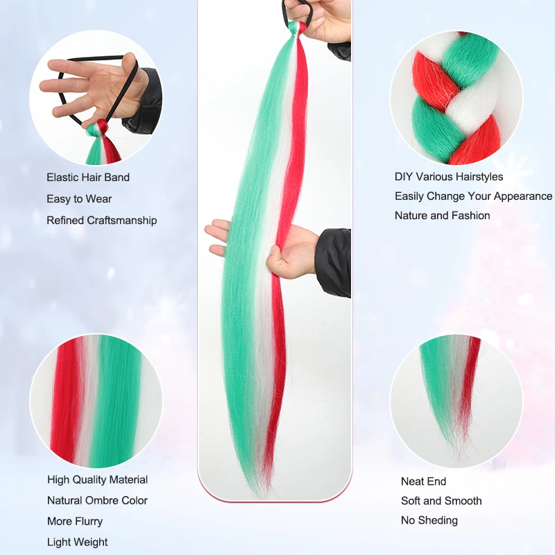 LUPU Red White and Green Christmas Ponytail Wig Suitable for Braiding 2 packs of 26 inch Colorful Holiday Hairstyle Accessories