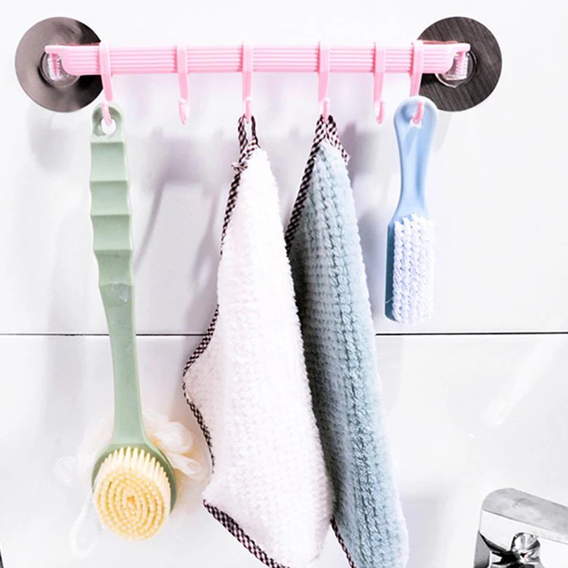 1pc Blue/White/Pink Suction Cup Type Hook 6 Rows For Kitchen Bathroom Corner Suspension Without Marks Hanger Hook
