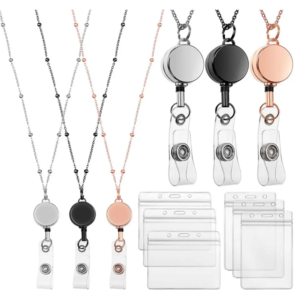 

Retractable Badge Reel Lanyard with ID Holders Stainless Steel Necklaces Clip Keychain for Women Men Employee