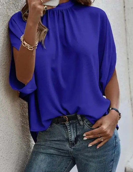 

Top Women 2023 Summer Fashion Batwing Sleeve Casual Solid Color Mock Collar Slit Short Sleeve Daily T-Shirt Top Y2K Clothes