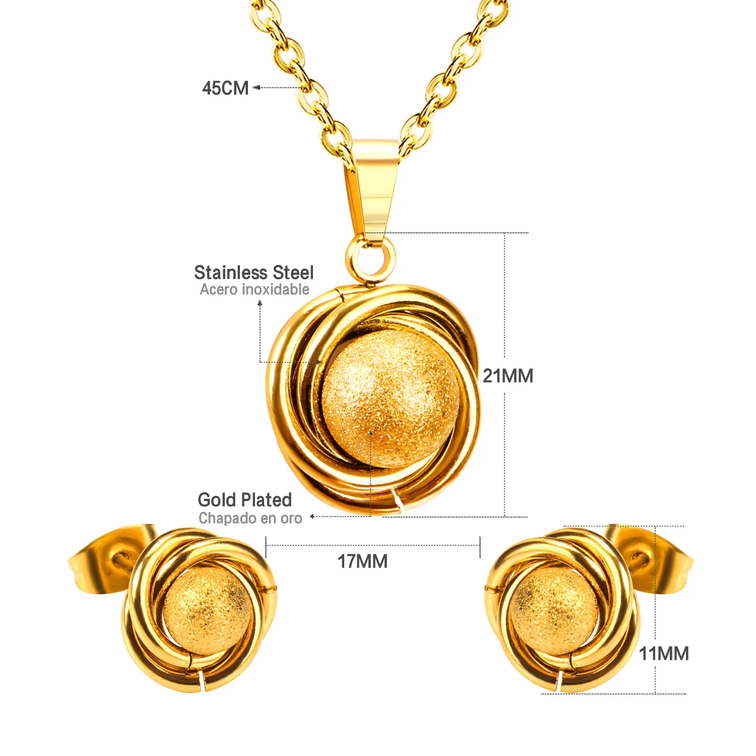 Earring Ring Sets Earrings For Women Stainless Steel Gold Color Ball Twisted With Chain Pendants Necklace