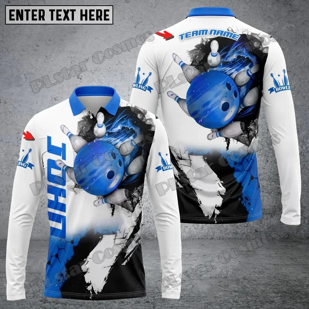 

Bowling And Pins Hexagram Customized Name 3D Printed Men's Long Sleeve Polo Shirt Autumn Casual Unisex Lapel Polo Shirt PLP77