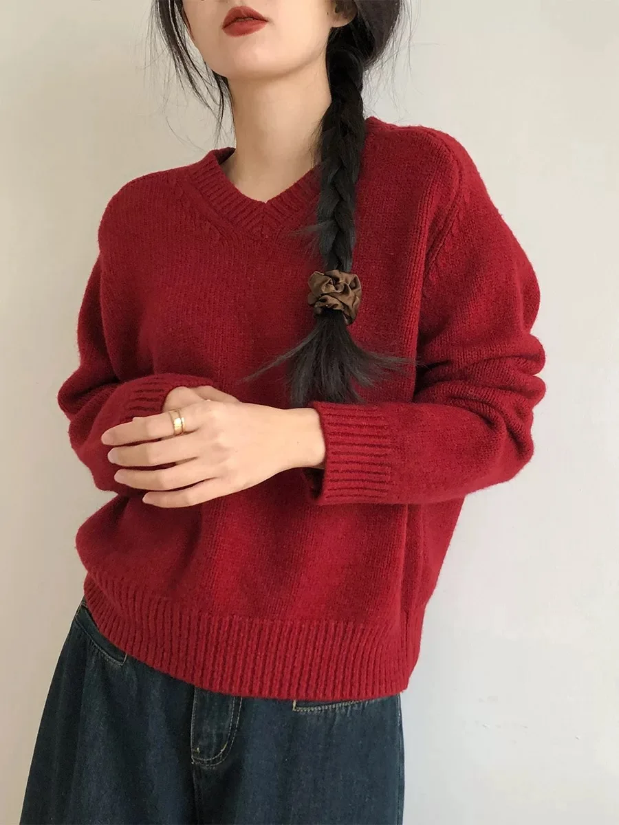 Autumn/Winter New Cashmere Sweater Women's V-Neck Knitted Pullover 100% Pure Wool Thick Tops Casual Loose Fashion Korean 2