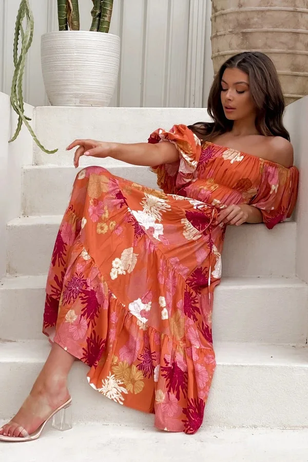 Women Summer Pleated Beach Dresses Sexy Off Shoulder Dress Floral Print Casual Loose Maxi Dresses Party Dress Vestido Feminino