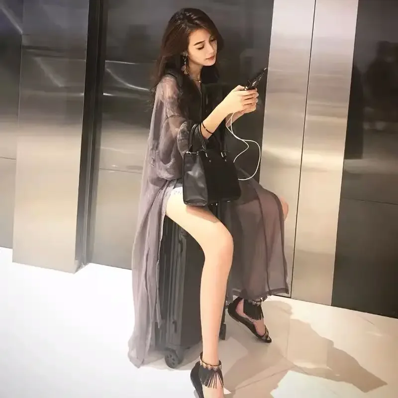 Bikini Cover Ups for Swimwear Women Sunscreen Clothing Cardigan Bubble Sleeve Beach Wear Loose Semi-transparent Chiffon Shirt