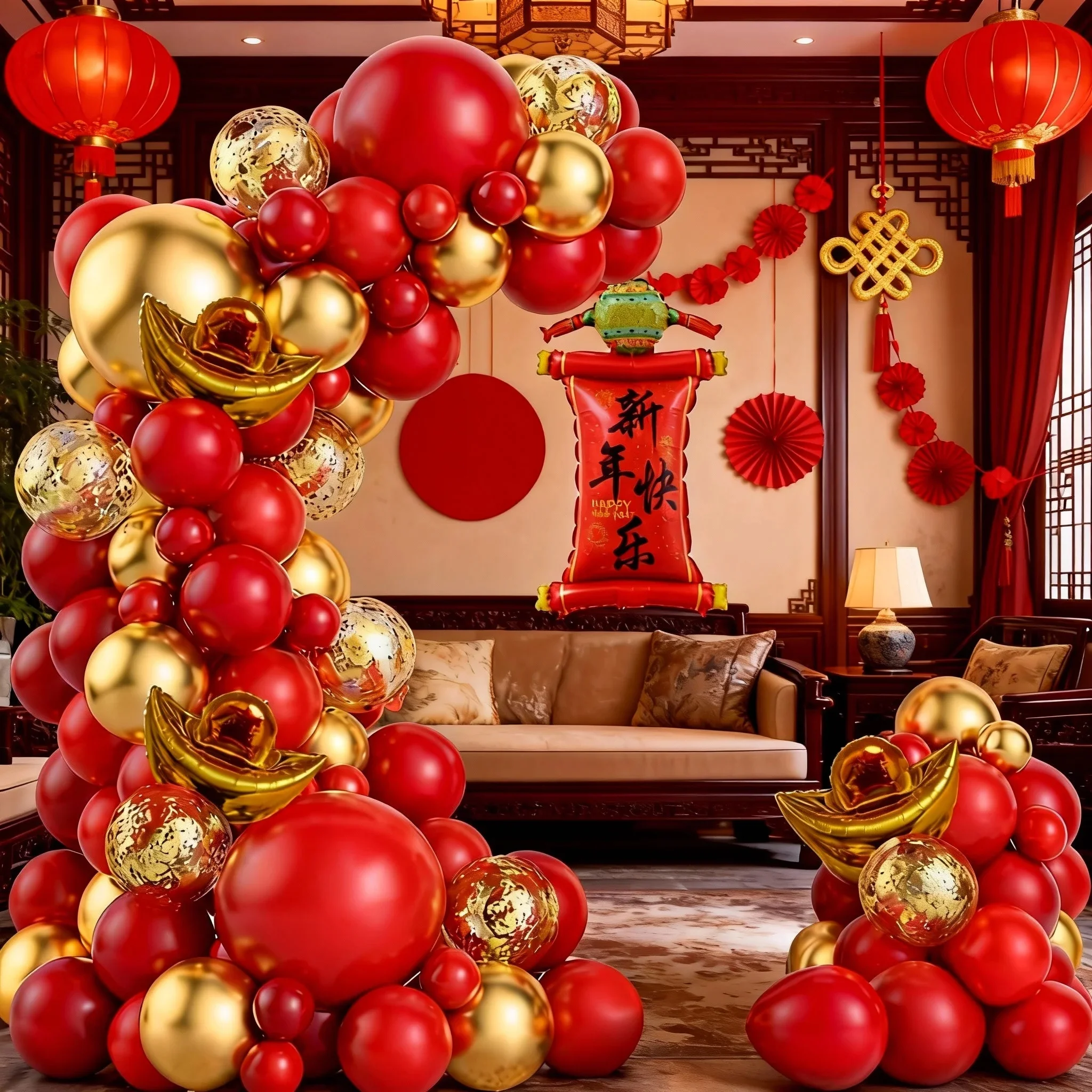 104-teiliges Chinesisches Neujahrs-Ballonbogen-Set, Happy New Year Banner-Ballons, Mini Yuanbao mit Roten und Goldenen Konfetti-Ballons, Geeignet für Chinesische Neujahrsfeiern 2026, Geburtstage, Silvester-Party-Dekorationen 2026