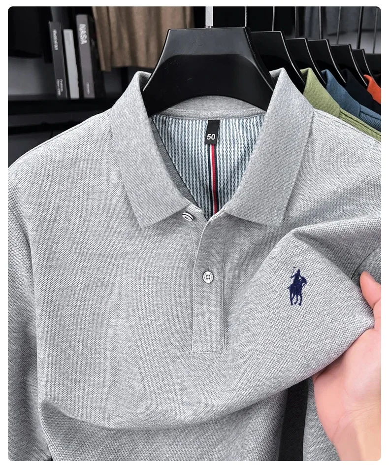 100% reine Baumwolle Luxus Herren Langarm-Poloshirt Designer-Marke Paul mit Pony-Stickerei Weicher Komfort Frühling Herbst Casual T-Shirt – Detail 22