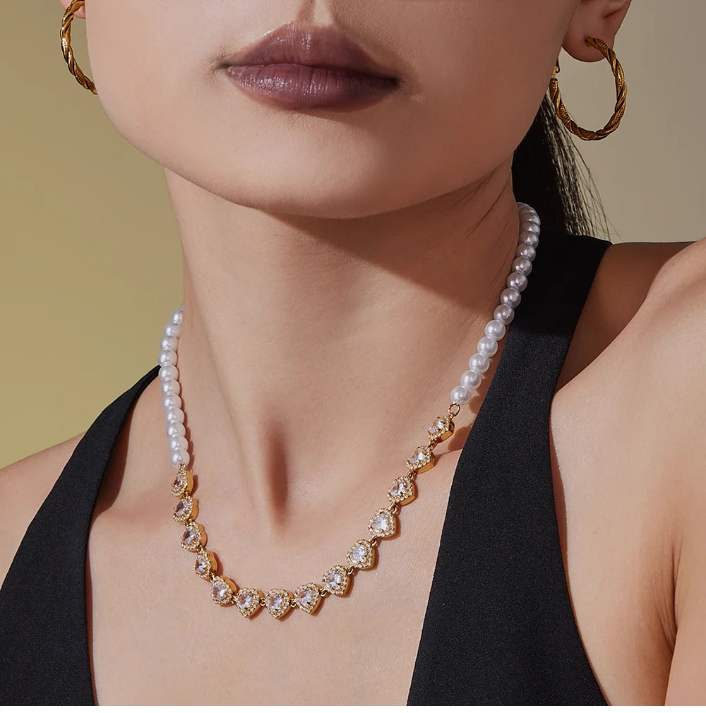 Edelstahl glänzende herzförmige Zirkon Anhänger Halskette Damen weiße Imitation Perle Perlen Kette Halsband Luxus Schmuck – Detail 6