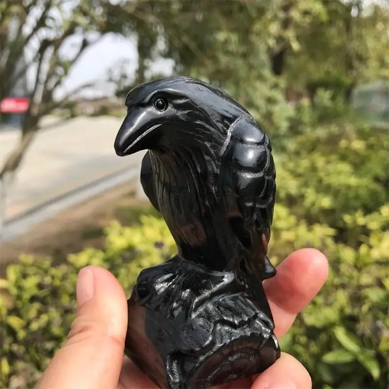 

8.7CM Natural Black Obsidian Crystal Stone Crow Hand Carved Animal Figurine Healing Energy Crafts For Child Christmas Gift 1pcs