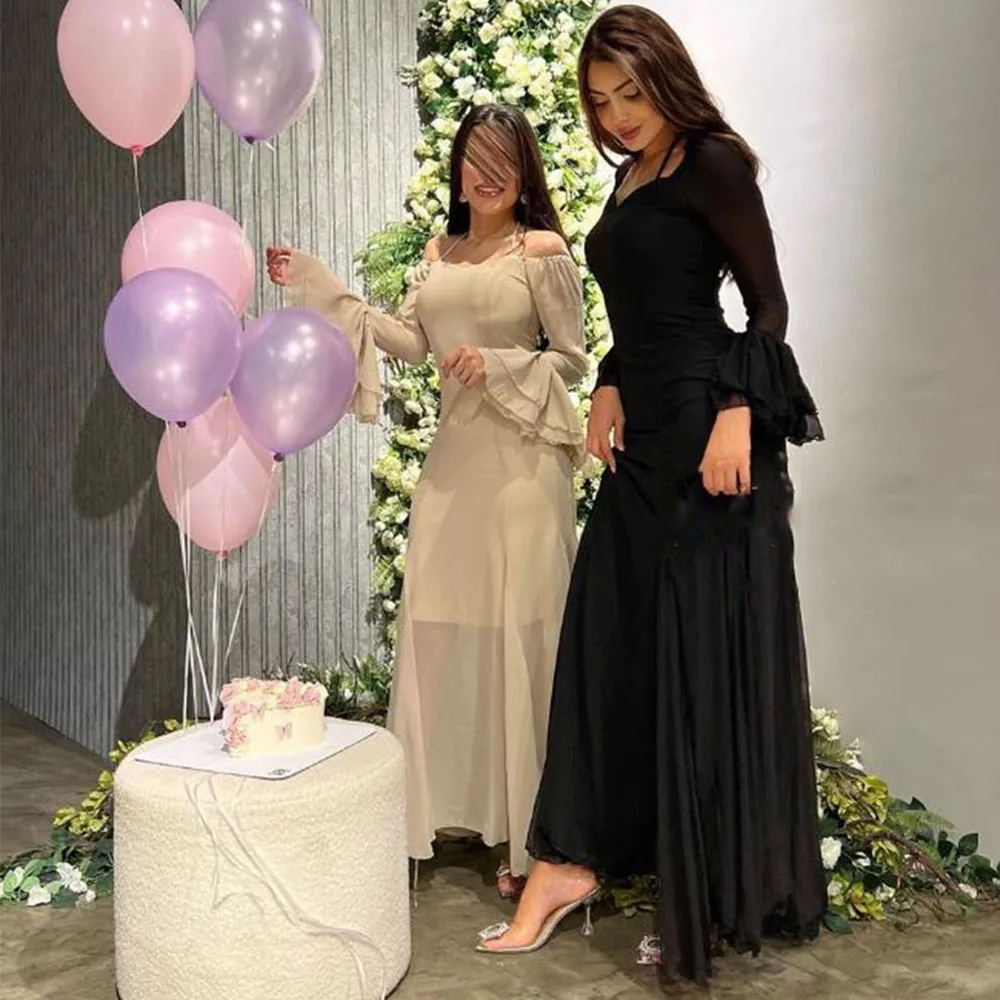 

Solid Color Long Sleeve Ruffles A-line Temperament Ankle-Length Prom Gown Illusion Round Neck Evening Dress فساتين مناسبة رسمية